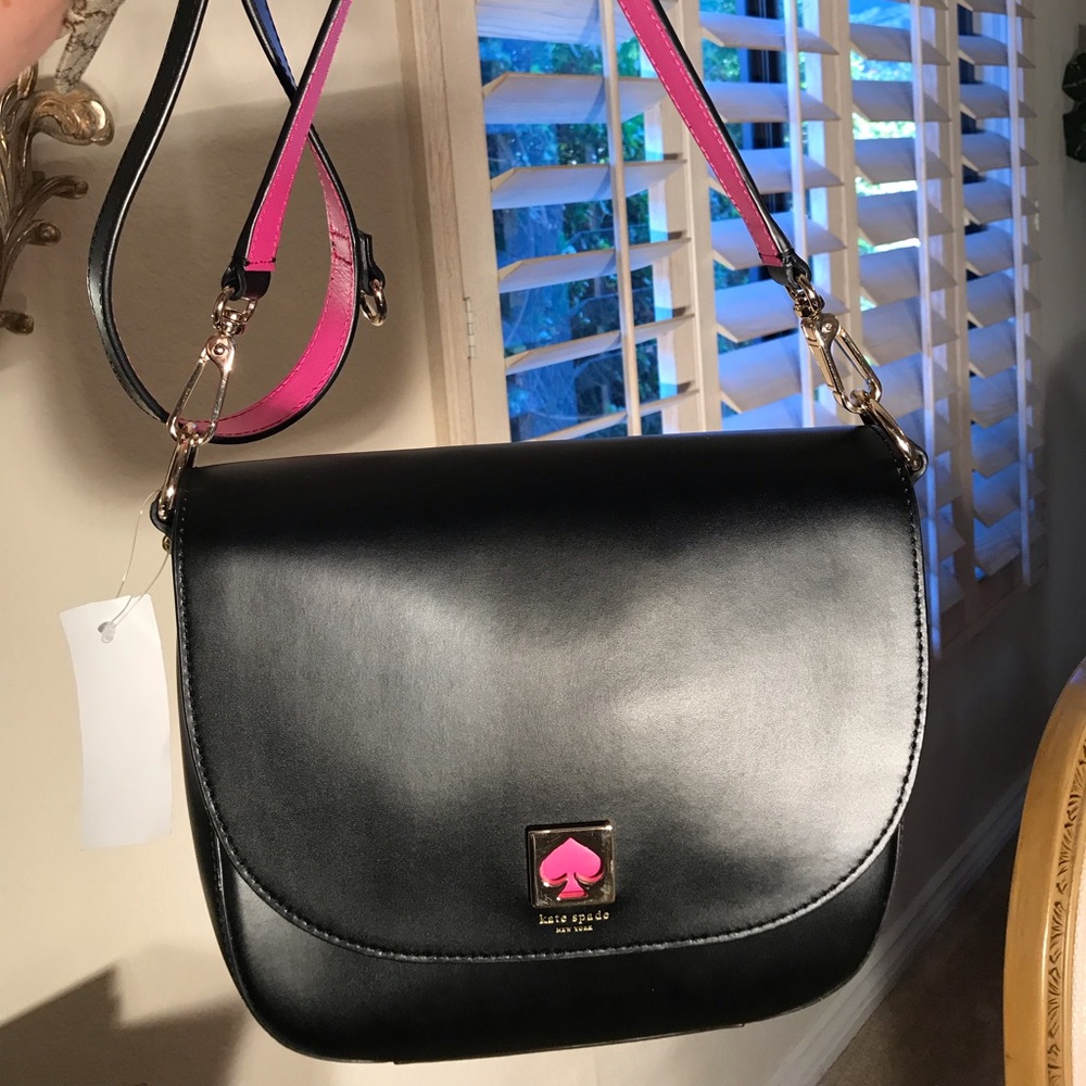 Kate Spade Blk Lthr Saddle Bag w/Hot Pink & Gold